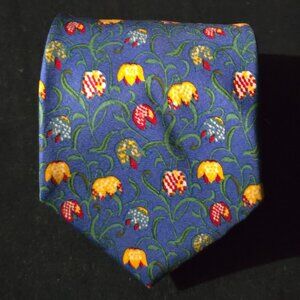 fil a fil Paris Made in England 100% Silk Necktie - Blue Floral - 3 1/2" x 58"